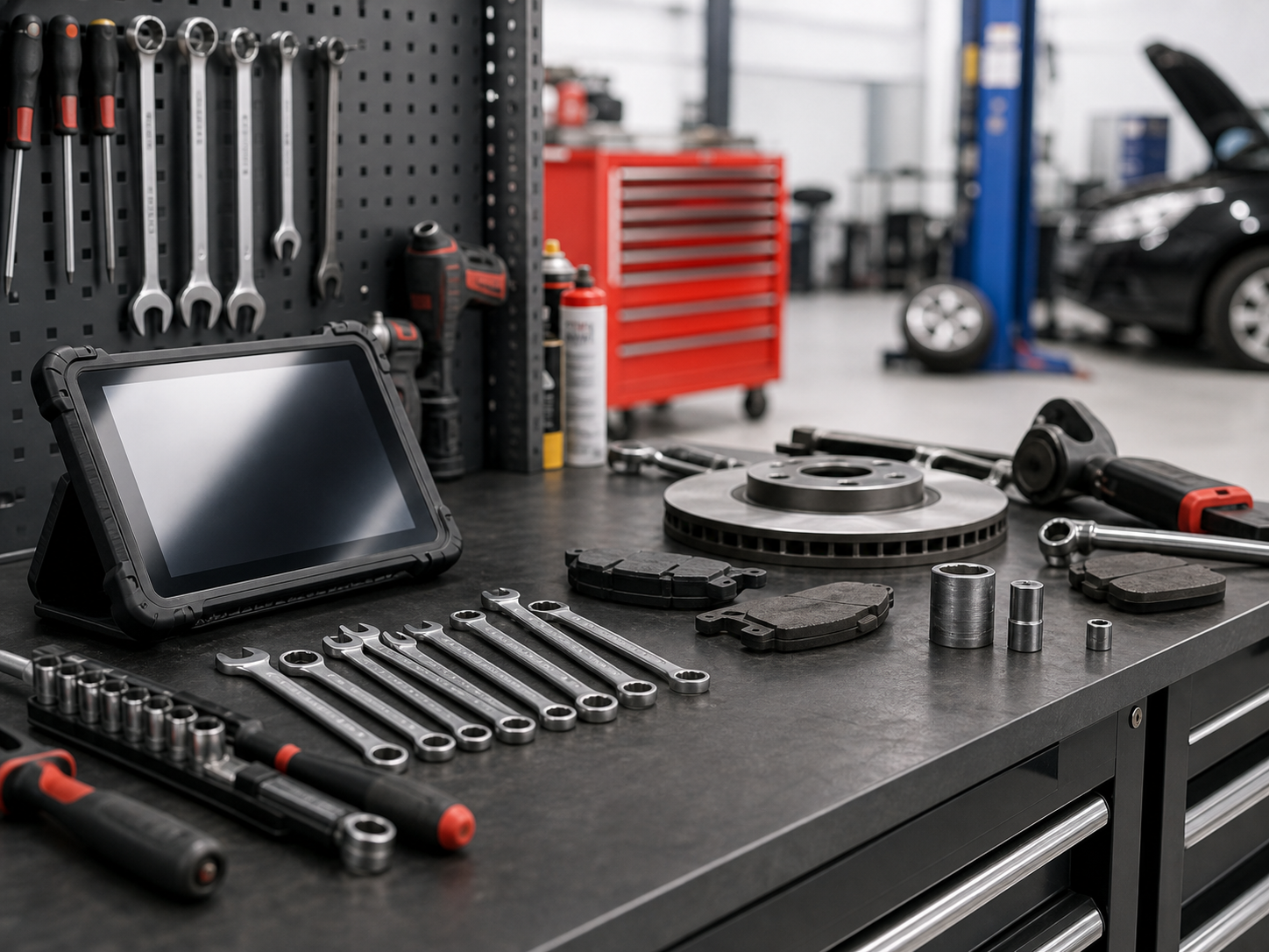 Generated placeholder image of diagnostic and service tools on a workshop bench.